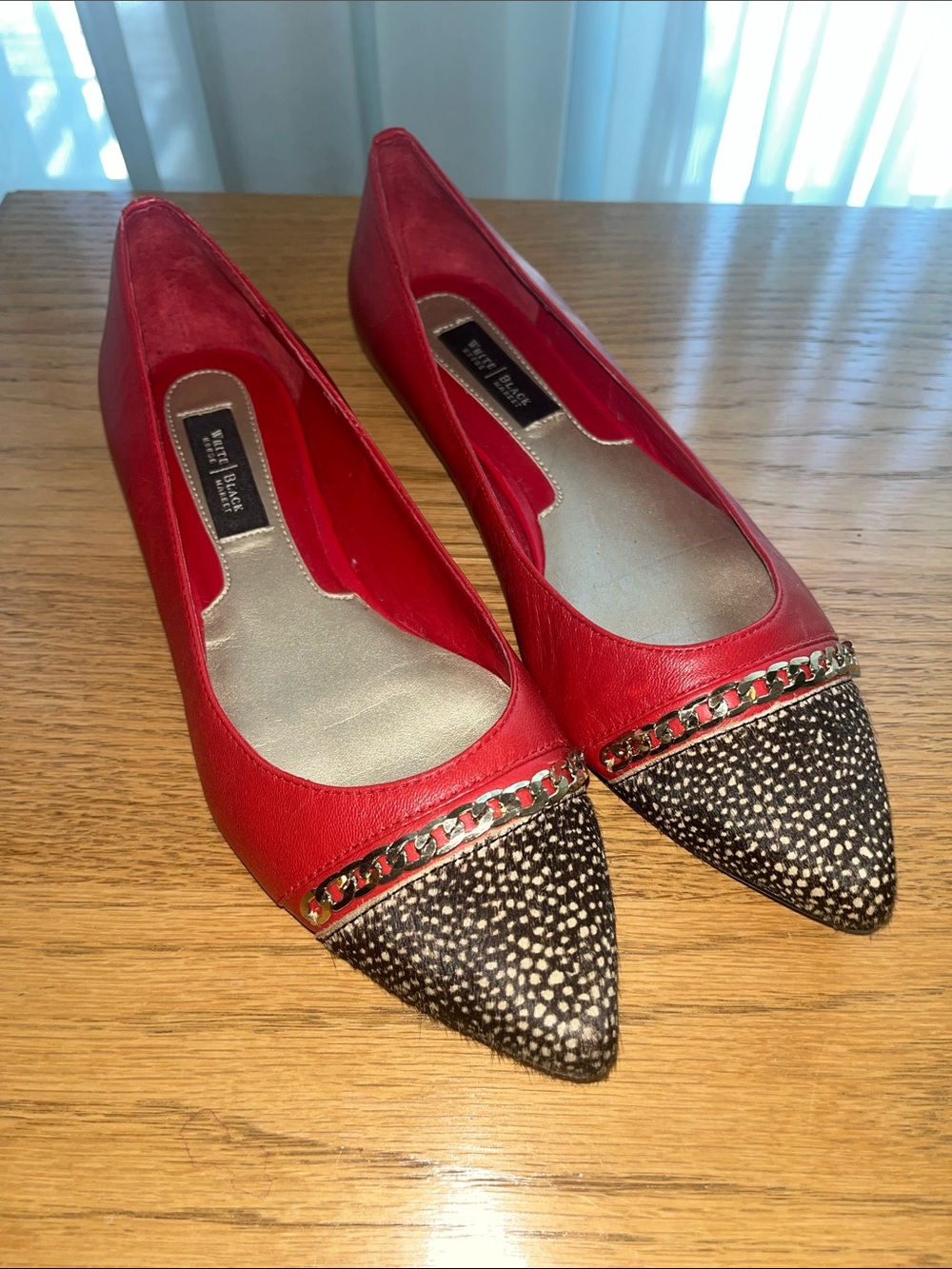 Pointed Red Leather Flats with Textured Black-Tan Cap Toe